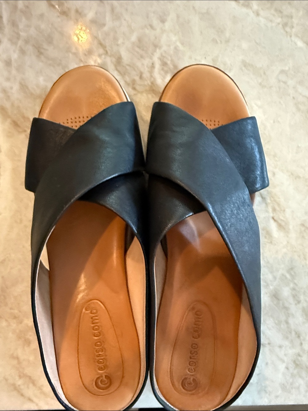 Corso Como Black Leather Crisscross Slide Sandals